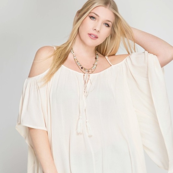 PLUS--3/4 Sleeve Cold Shoulder Top with Tassel Tie - Picture 3 of 3